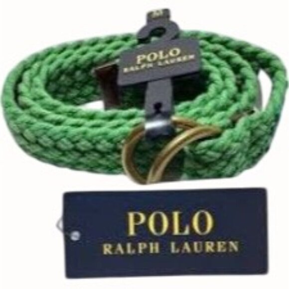 Polo Ralph Lauren Green Webbed Cotton ORing Belt Leather Trim Braided New Small